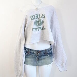 y2k girls football cropped sweatshirt off shoulder grey graphic size S